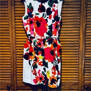 Eliza J White Sheath Dress with Bold Pink, Red & Green Floral Print